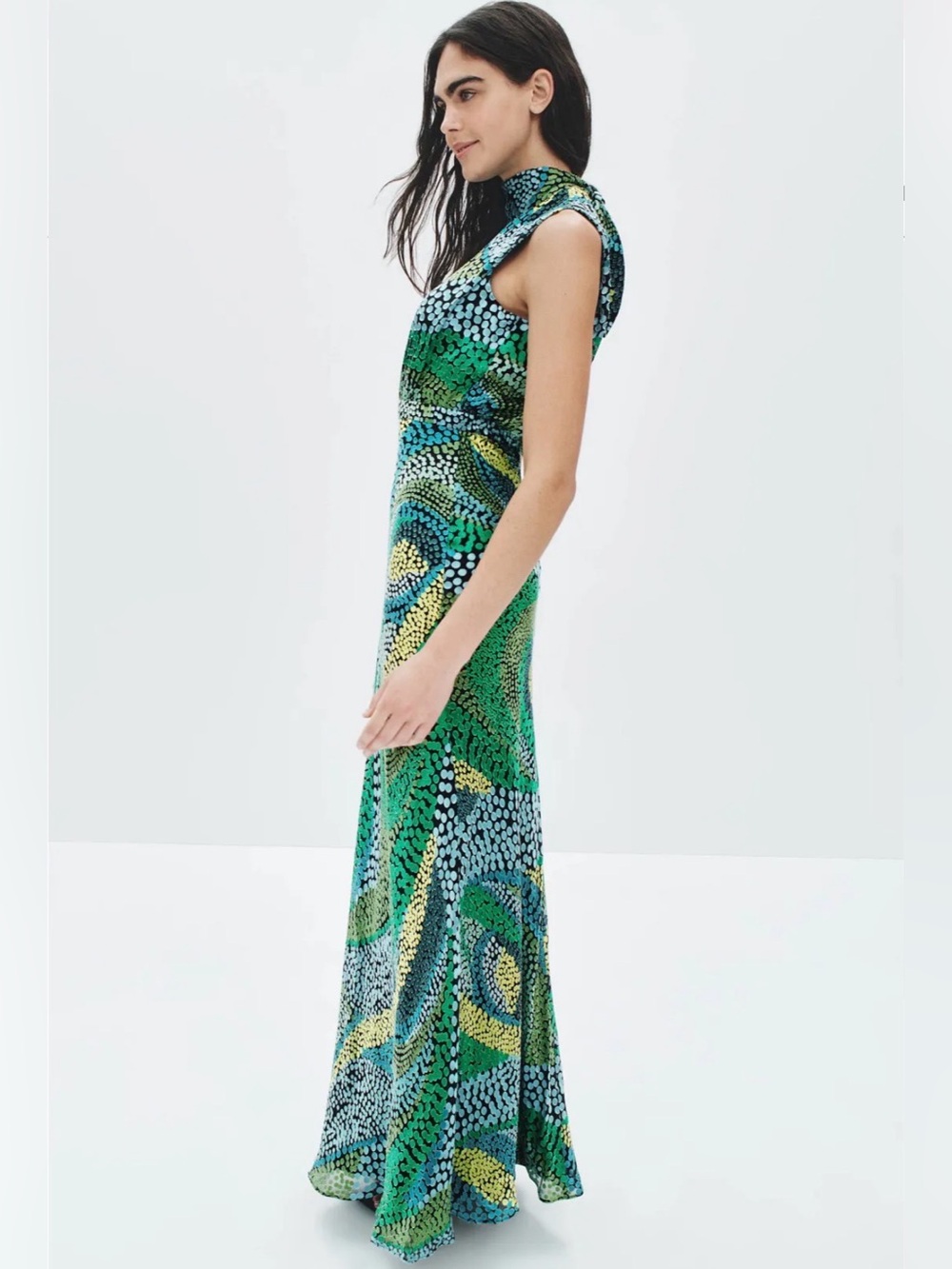 SALONI Fleur Dot Print Dress Sleeveless High-Neck Green Patterned Maxi US 12 - Picture 6 of 17